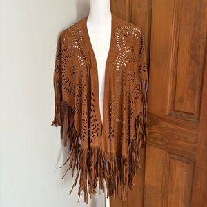 Choies OS One Size Brown Faux Suede Shawl Wrap Kimono Fringe Cut Out Poncho